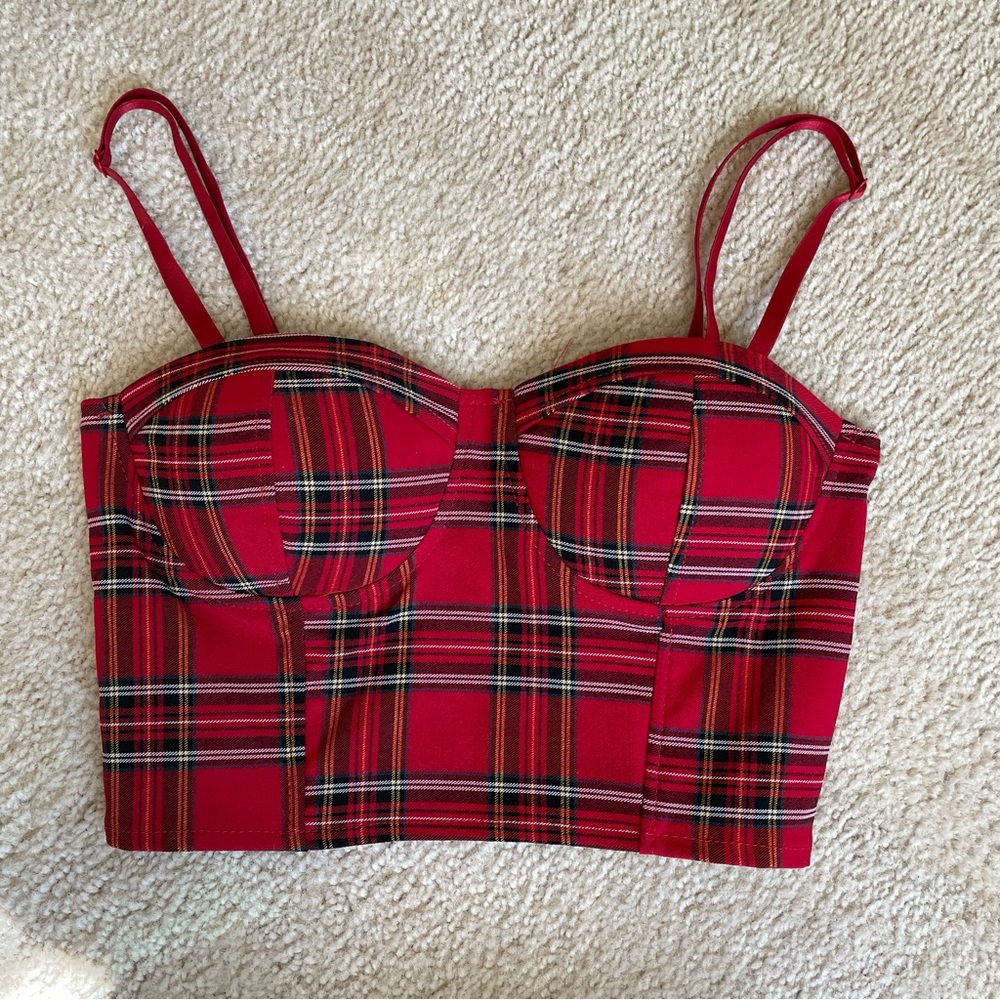 Red Plaid Bustier Crop Top - Picture 3 of 6
